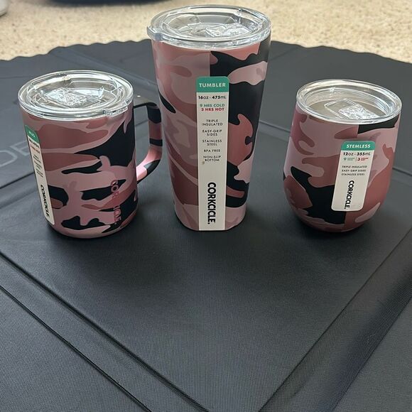 NWT Set of 3 Corkcicle Rose Camo Stemless, Mug, Tumbler - Picture 1 of 11
